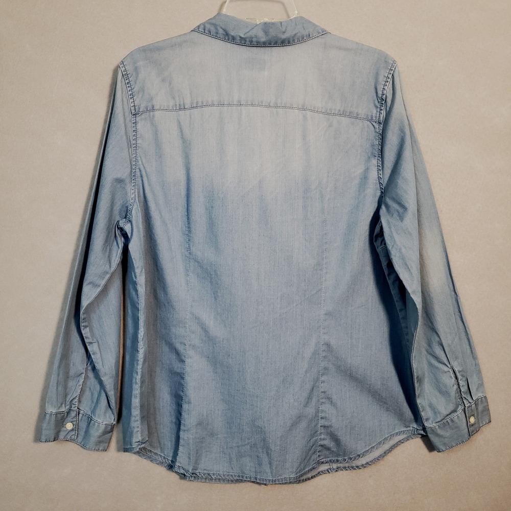 Chicos Chambray Ruffle Denim Shirt Women 2 L/US12 Button Up Blue Long Sleeve - Picture 8 of 9